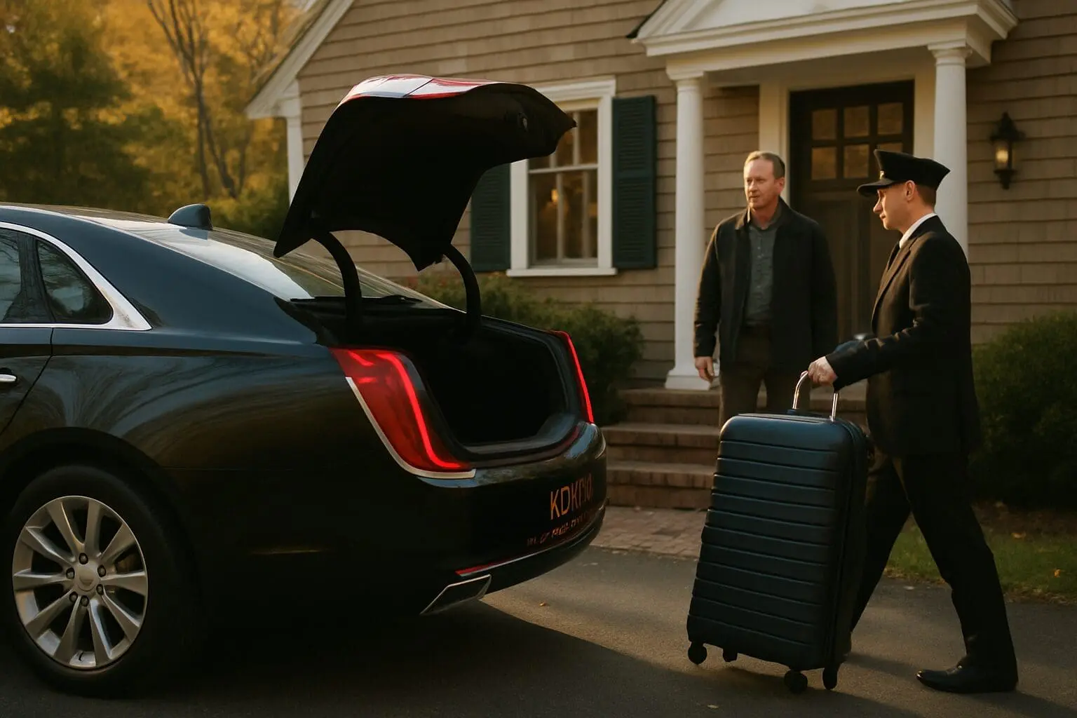 Royal airport car service - lakes region car service - professional car service for nh Driver helping passenger with luggage Royal Airport Service