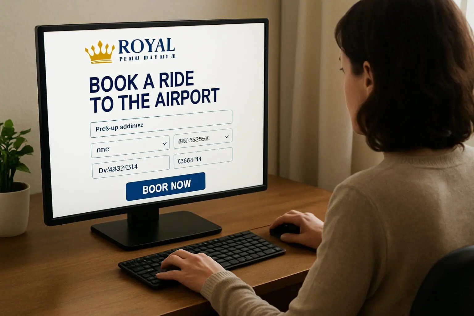 Royal airport car service - lakes region car service - professional car service for nh Woman on computer booking a car to the airport for Royal Airport Service