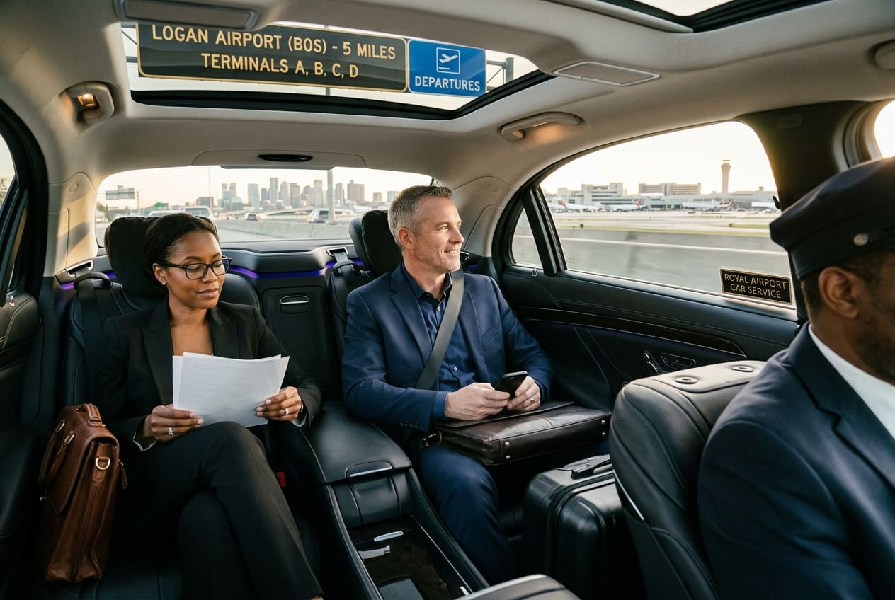 Traveling to logan airport in royal airport car service - lakes region car service - professional car service for nh Two professionally dressed travelers sit in a luxury airport car, woman reviewing papers as man checks his phone, with city runway outside the window.